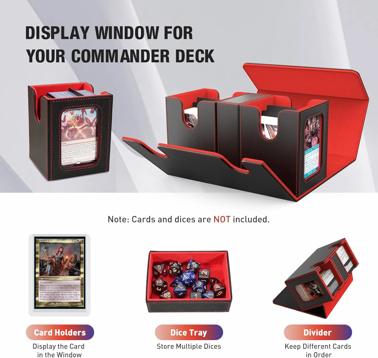 TiMOVO MTG Deck Box, Commander Deck Case Fits 200  Double-Sleeved Cards, Magnetic Leather Card Storage Box with 2 Commander Display & 4Dividers & Dice Tray Fit YuGiOh TCG CCG Magic Cards, Black Red