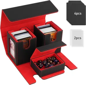 TiMOVO MTG Deck Box, Commander Deck Case Fits 200  Double-Sleeved Cards, Magnetic Leather Card Storage Box with 2 Commander Display & 4Dividers & Dice Tray Fit YuGiOh TCG CCG Magic Cards, Black Red