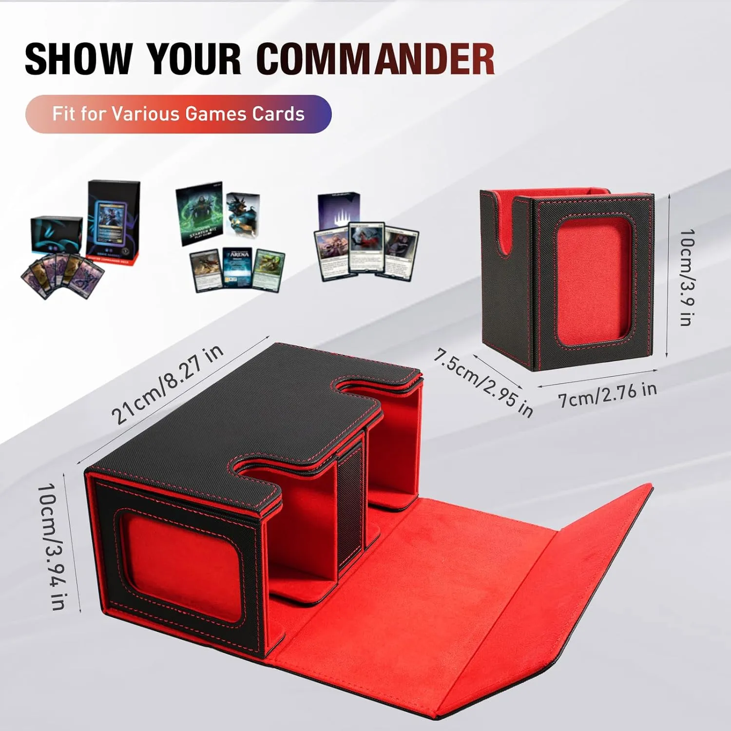 TiMOVO MTG Deck Box, Commander Deck Case Fits 200  Double-Sleeved Cards, Magnetic Leather Card Storage Box with 2 Commander Display & 4Dividers & Dice Tray Fit YuGiOh TCG CCG Magic Cards, Black Red