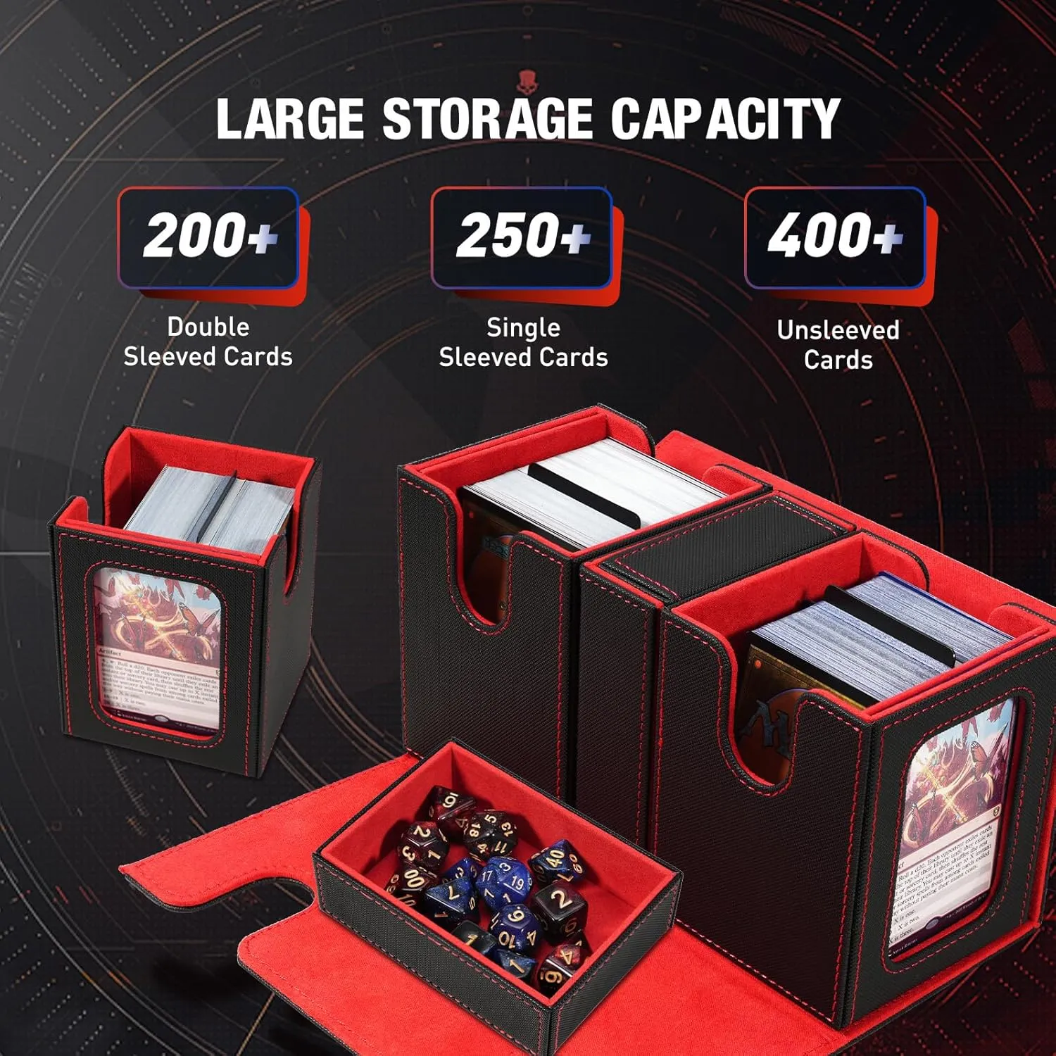 TiMOVO MTG Deck Box, Commander Deck Case Fits 200  Double-Sleeved Cards, Magnetic Leather Card Storage Box with 2 Commander Display & 4Dividers & Dice Tray Fit YuGiOh TCG CCG Magic Cards, Black Red