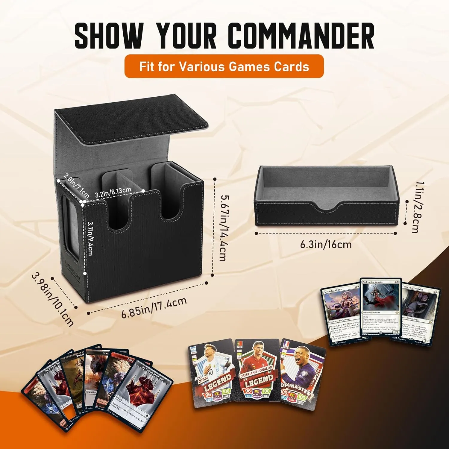 TiMOVO MTG Deck Box, MTG Commander Card Deck Box with Commander Display & Dice Tray Fits 400  Unsleeved Cards, Leather Magnetic Card Storage Case with 6 Dividers for TCG CCG Magic Cards, Black Grey