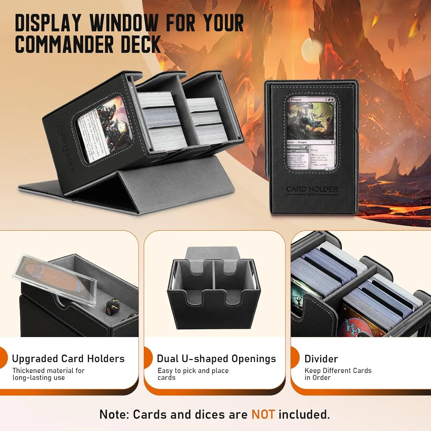 TiMOVO MTG Deck Box, MTG Commander Card Deck Box with Commander Display & Dice Tray Fits 400  Unsleeved Cards, Leather Magnetic Card Storage Case with 6 Dividers for TCG CCG Magic Cards, Black Grey
