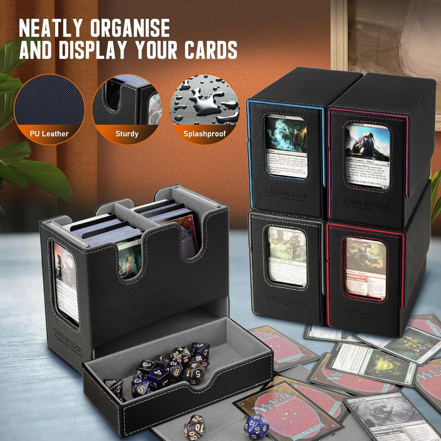 TiMOVO MTG Deck Box, MTG Commander Card Deck Box with Commander Display & Dice Tray Fits 400  Unsleeved Cards, Leather Magnetic Card Storage Case with 6 Dividers for TCG CCG Magic Cards, Black Grey
