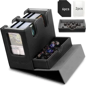 TiMOVO MTG Deck Box, MTG Commander Card Deck Box with Commander Display & Dice Tray Fits 400  Unsleeved Cards, Leather Magnetic Card Storage Case with 6 Dividers for TCG CCG Magic Cards, Black Grey
