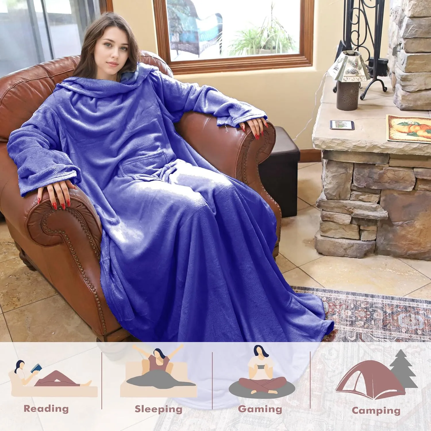 Tirrinia Fleece Wearable Blanket With Sleeves, Full Body Throw Reading Wrap TV Blankets, Bed Sofa and Couch, snuggle Gift for Adult Women Men Mom Grandma
