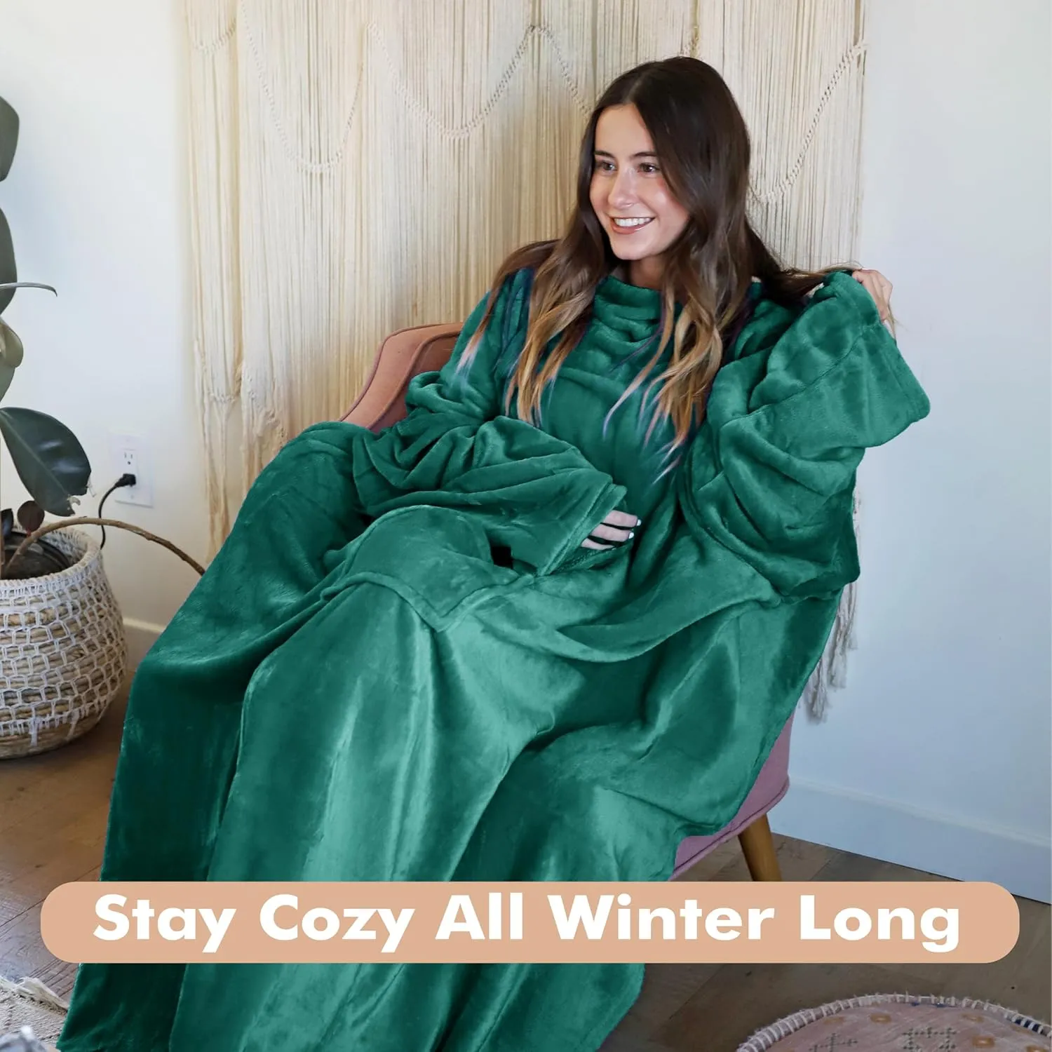 Tirrinia Wearable Blanket Adult, Sunggle Blanket With Sleeves, Reading Full Blanket, Cozy TV Blanket, Gift Idea for Women Men Mom, Green