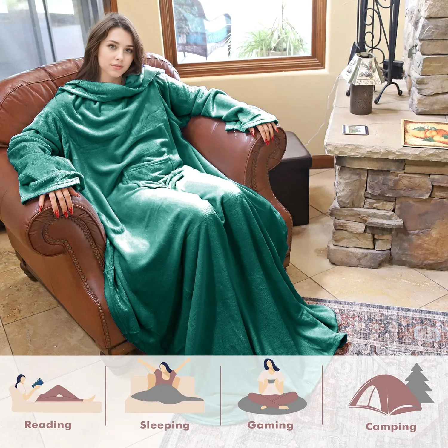 Tirrinia Wearable Blanket Adult, Sunggle Blanket With Sleeves, Reading Full Blanket, Cozy TV Blanket, Gift Idea for Women Men Mom, Green