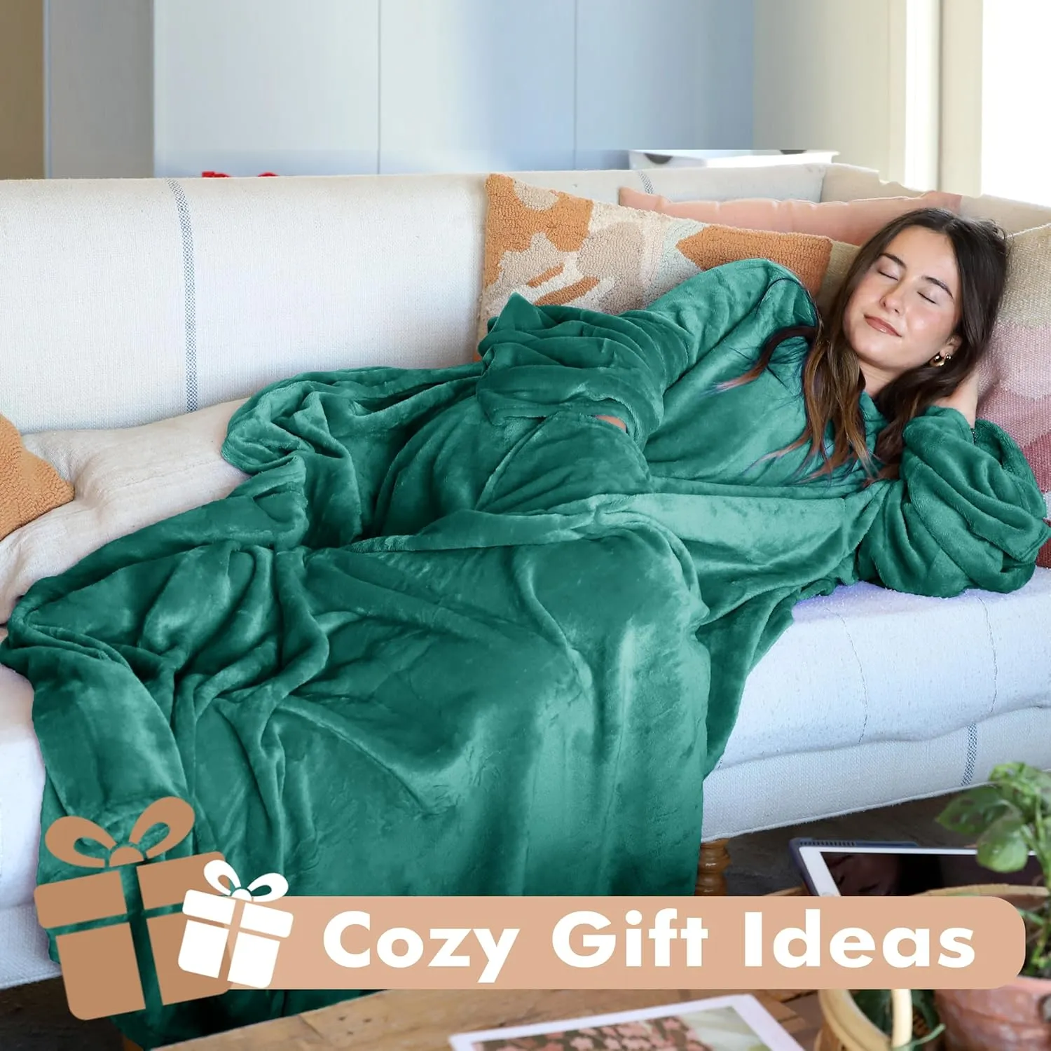 Tirrinia Wearable Blanket Adult, Sunggle Blanket With Sleeves, Reading Full Blanket, Cozy TV Blanket, Gift Idea for Women Men Mom, Green