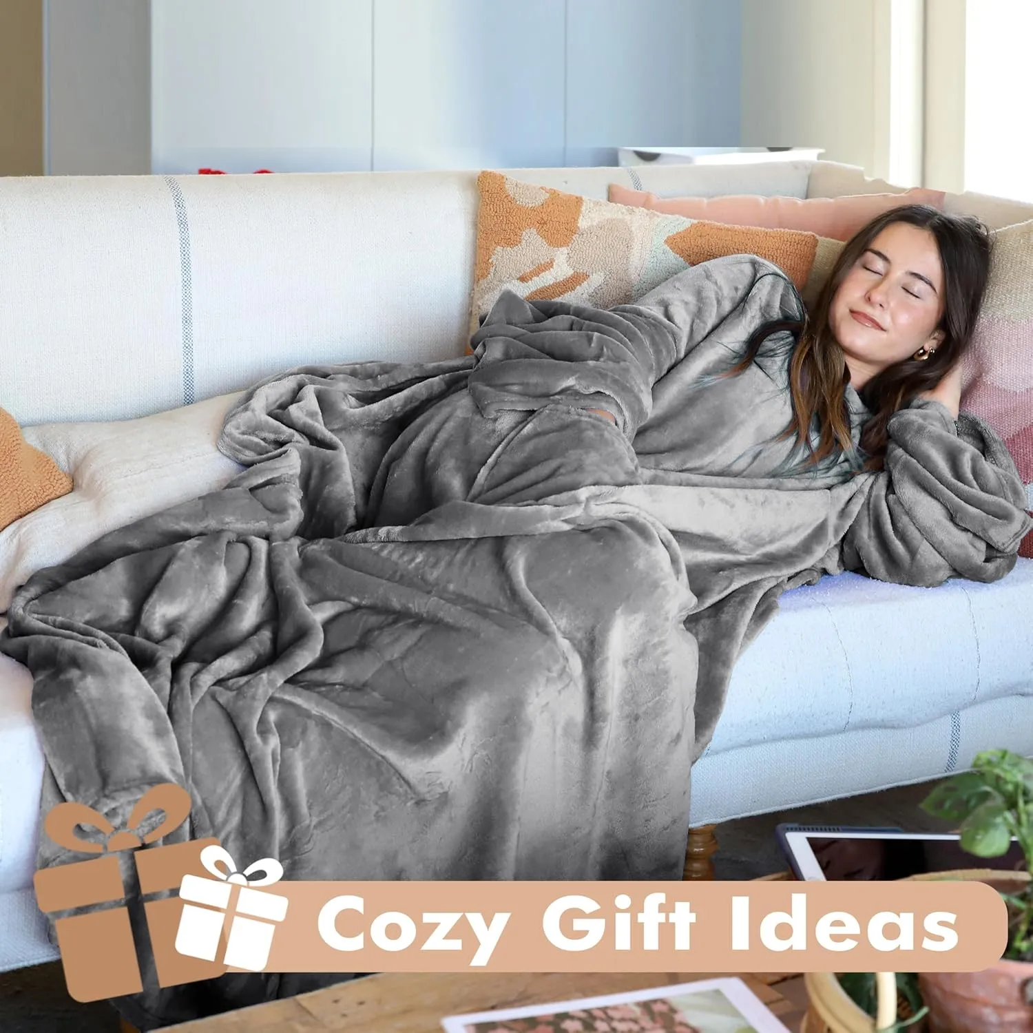 Tirrinia Wearable Blanket Adult, Sunggle Blanket With Sleeves, Reading Full Blanket, Cozy TV Blanket, Gift Idea for Women Men Mom, Grey