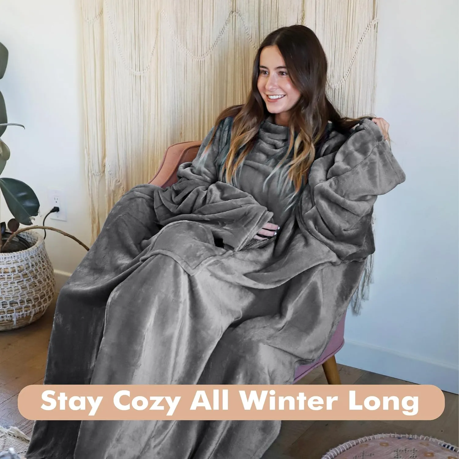 Tirrinia Wearable Blanket Adult, Sunggle Blanket With Sleeves, Reading Full Blanket, Cozy TV Blanket, Gift Idea for Women Men Mom, Grey