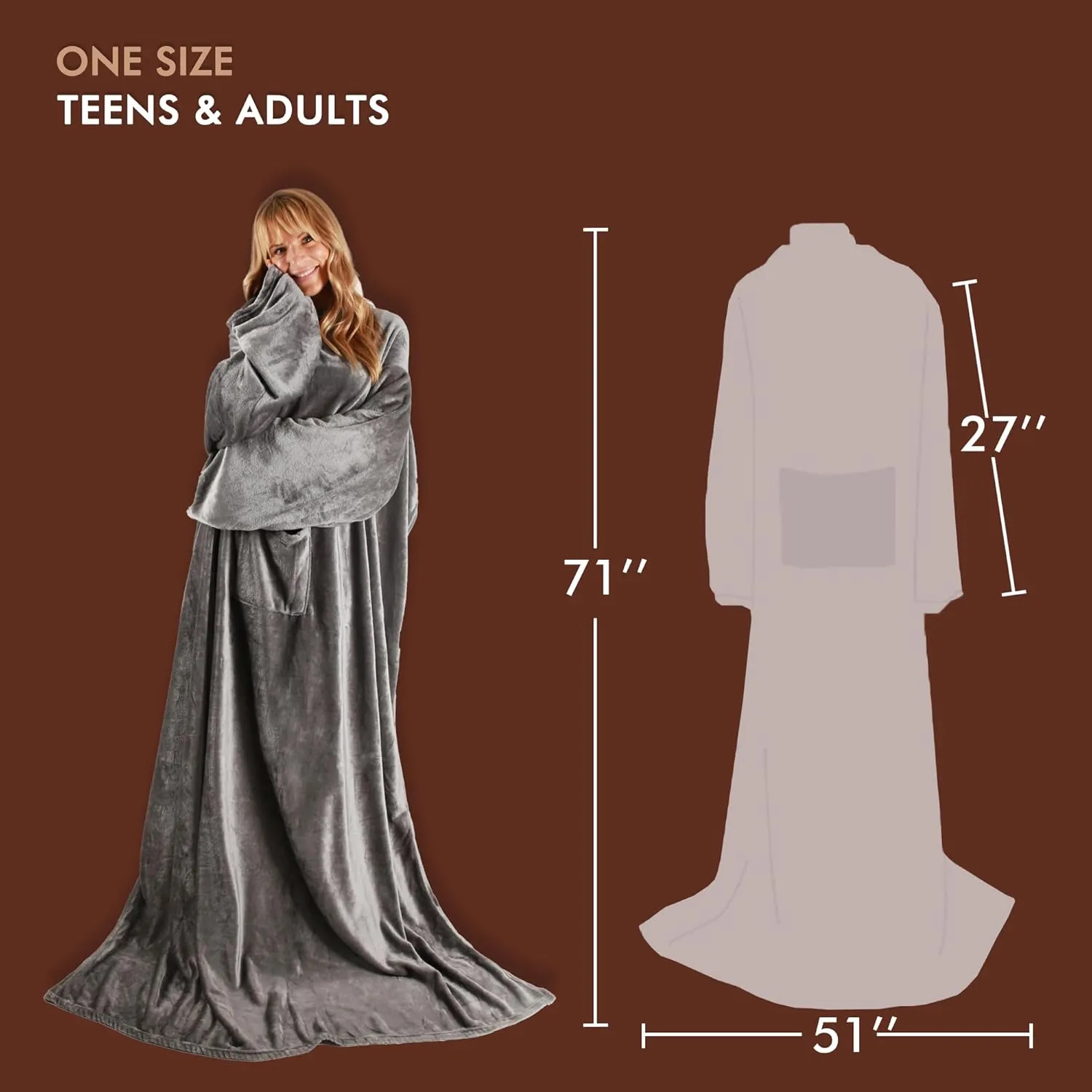 Tirrinia Wearable Blanket Adult, Sunggle Blanket With Sleeves, Reading Full Blanket, Cozy TV Blanket, Gift Idea for Women Men Mom, Grey