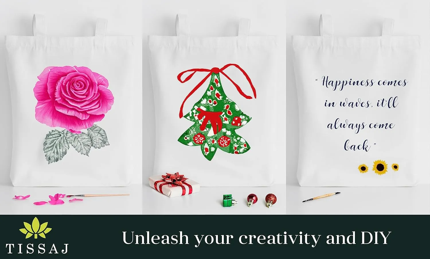 Tissaj GOTS Certified 100% Organic Cotton Shopping Cloth Bag - Reusable 4/10/25 Pack - 16"x15" & 27" Handle - DIY & Gift