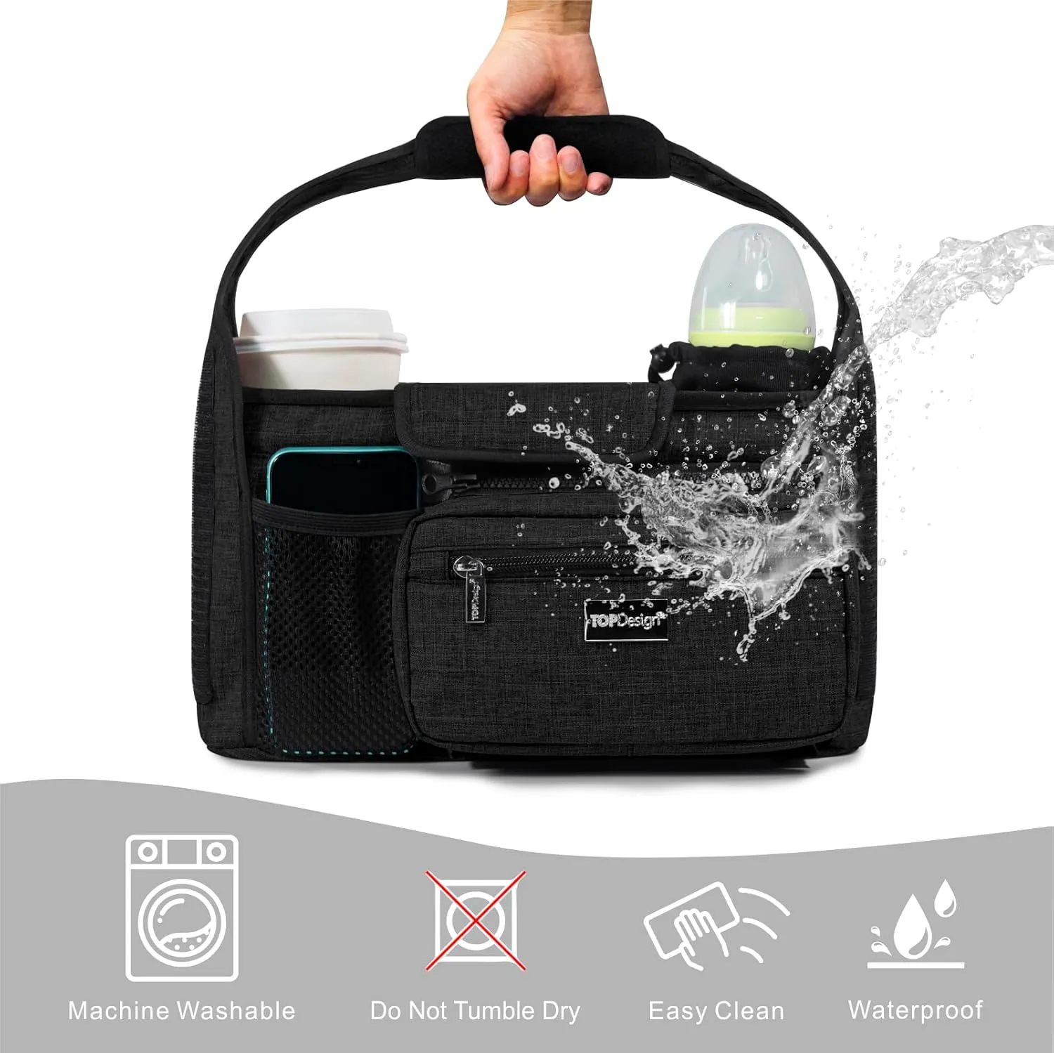 TOPDesign Universal Baby Stroller Organizer, Stroller Caddy with Detachable Mesh Bag & Heightened Insulated Cup Holders & Non-Slip Secure Hooks Accessories, Fits Most Strollers (Polka Dots)