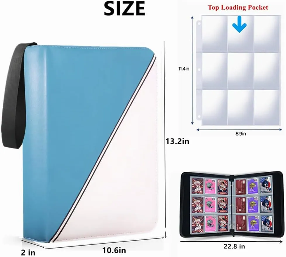 Trading Card Binder 9 Pocket, Card Binder for 900 Pockets Card, 50 Sleeves Double-Sided Storage, Premium Card Book Holder, for Trading Cards, Cards Sleeves Card, Game, Sport Card (Blue White)