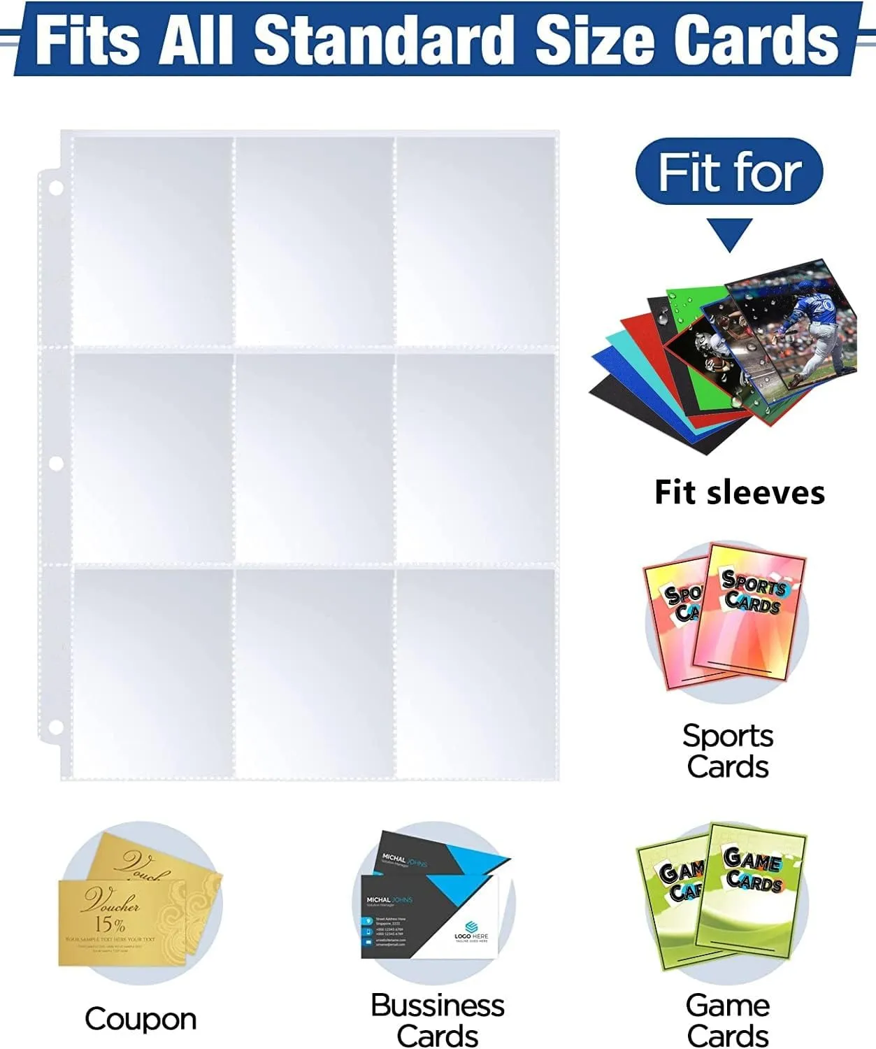 Trading Card Binder 9 Pocket, Card Binder for 900 Pockets Card, 50 Sleeves Double-Sided Storage, Premium Card Book Holder, for Trading Cards, Cards Sleeves Card, Game, Sport Card (Blue White)