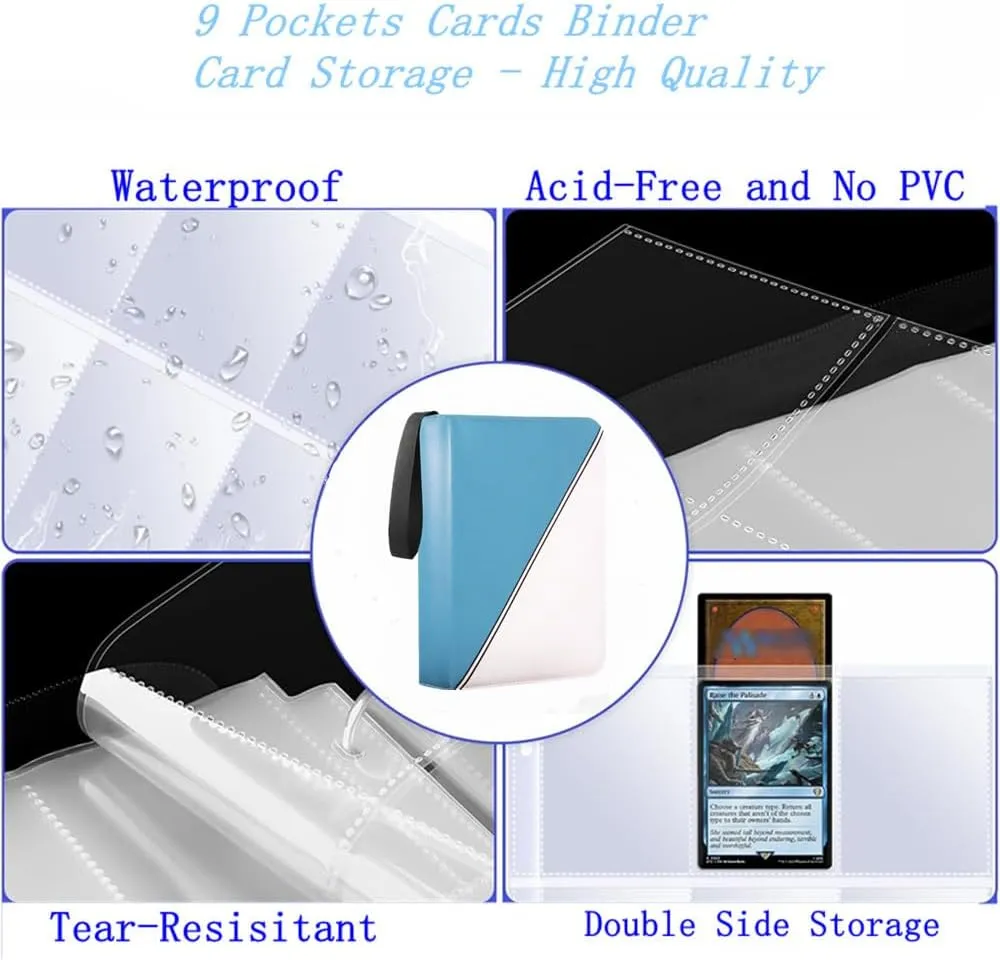 Trading Card Binder 9 Pocket, Card Binder for 900 Pockets Card, 50 Sleeves Double-Sided Storage, Premium Card Book Holder, for Trading Cards, Cards Sleeves Card, Game, Sport Card (Blue White)