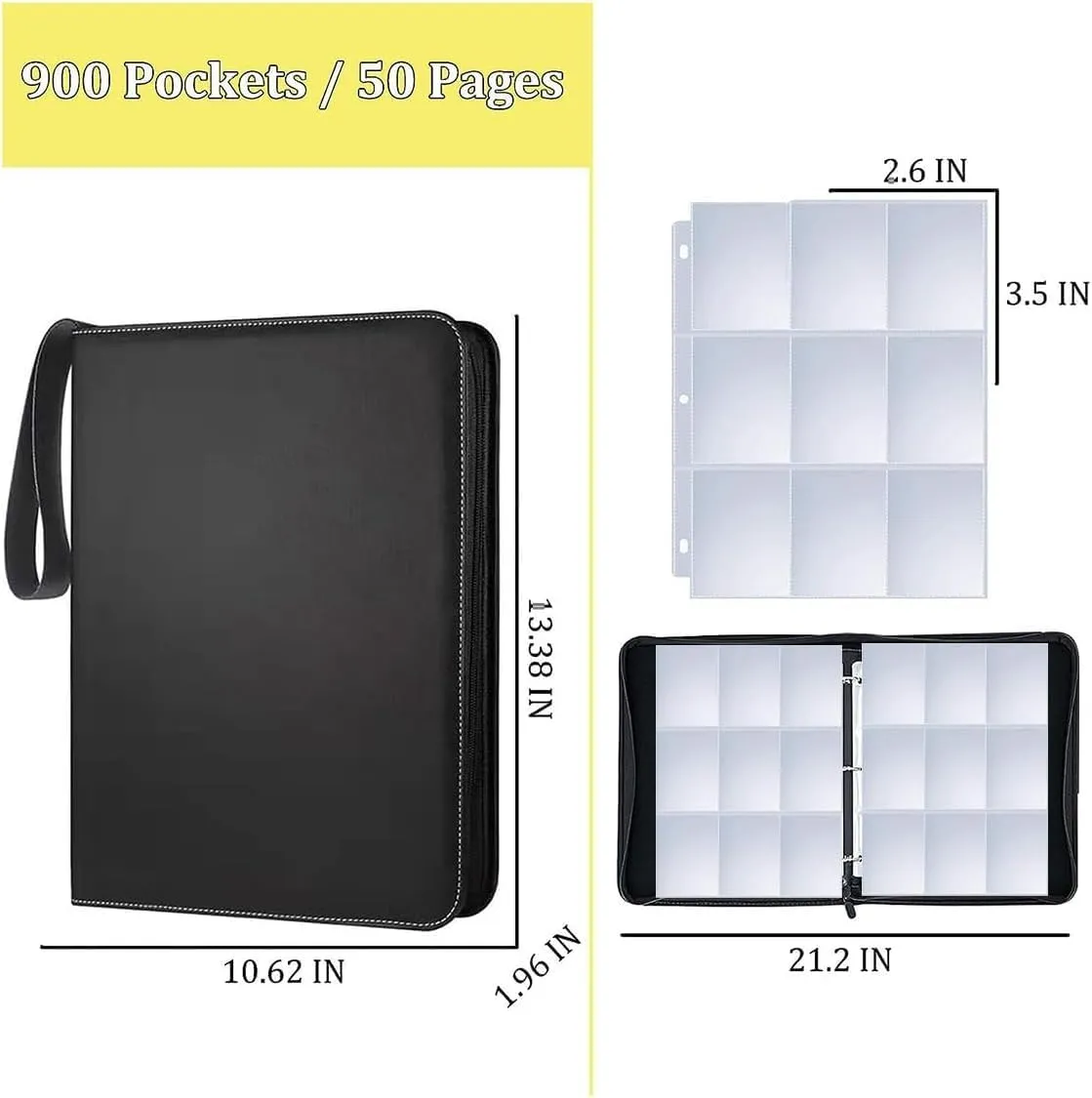Trading Card Binder, 900 Pockets Album Folder With 50 Top-Loading Page Sleeves, 9 Pocket Binder for Game, Sports, Baseball Cards (Black)