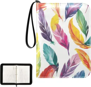 Trading Card Binder with Sleeves Colorful Feathers Watercolor C4 Pocket Card Binder PU Card Collection Binder 400 Cards Holder Collector Album