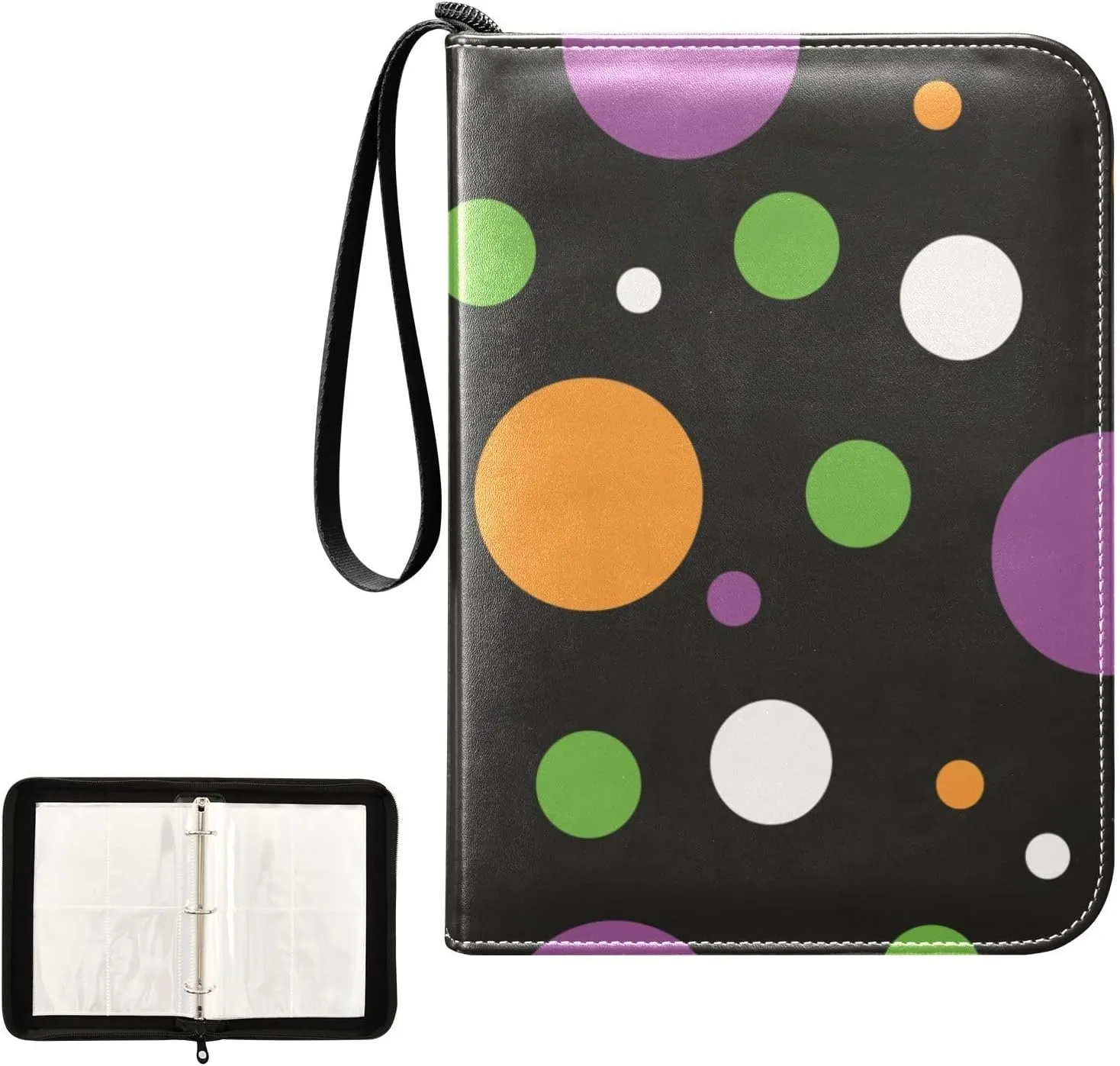Trading Card Binder with Sleeves Halloween Purple Orange Colorful Dots C4 Pocket Card Binder PU Card Collection Binder 400 Cards Holder Collector Album