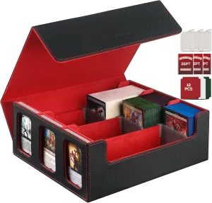 Trading Card Storage Box, 1800  MTG card storage box with Commander Display，3-Row Deck Case for MTG TCG Sports Card, 3 Toploaders, 3 Stoppers, 12 Colorful Dividers(Black&Red)