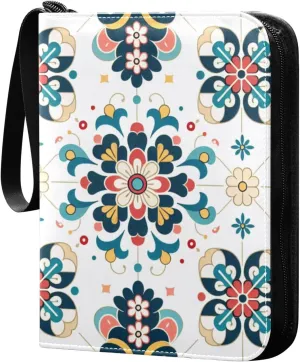 Traditional Talavera Tile Card Binder 4 Pocket Trading Card Album Fits 400 Sports/Game Cards, PU Cover 3 Ring Card Collection with 50 Removable Sleeves