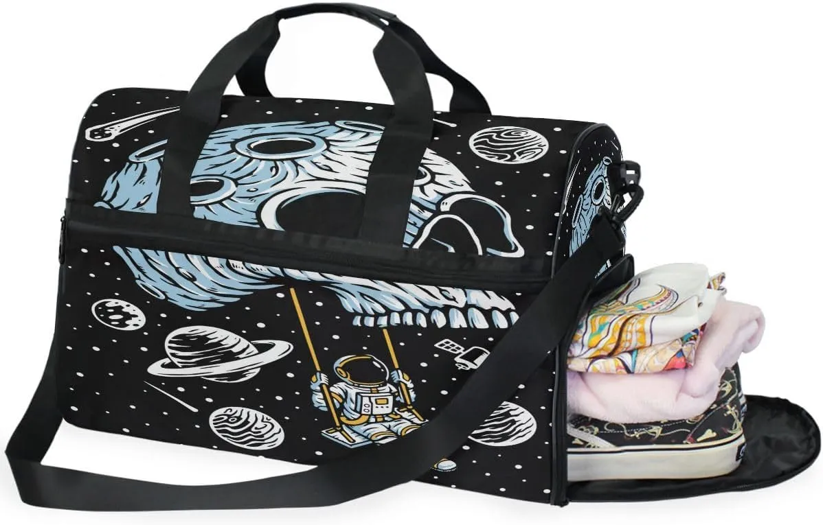 Travel Duffel Bags Playing Swing on Skull Planet Sports Duffel Bag Gym Bag Skull Travel Luggage Overnight Bags for Men Women Duffel Bags with Adjustable Strap for Traveling