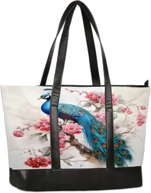 Tree Branch Flower Beautiful Peacock Laptop Tote Bag for Women Lightweight Work Purse with Multiple Compartments Fits 13-15.6 Inch Laptop Tablet Shoulder Bag for Office Travel Daily Use