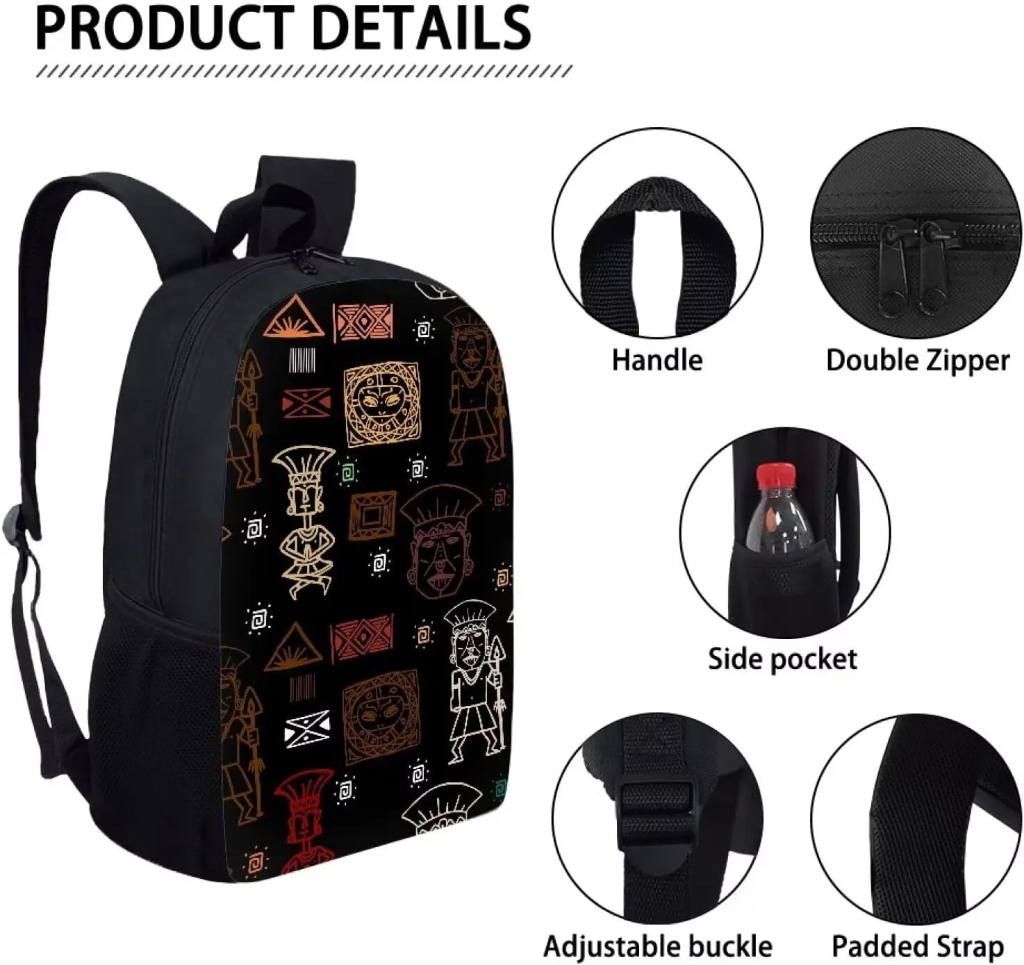 Tribal Civilization Kids Backpack for School Shoulder Bags for Boys Girls Book Bag 17 inch Children's School Bag with Two Side Pockets Black