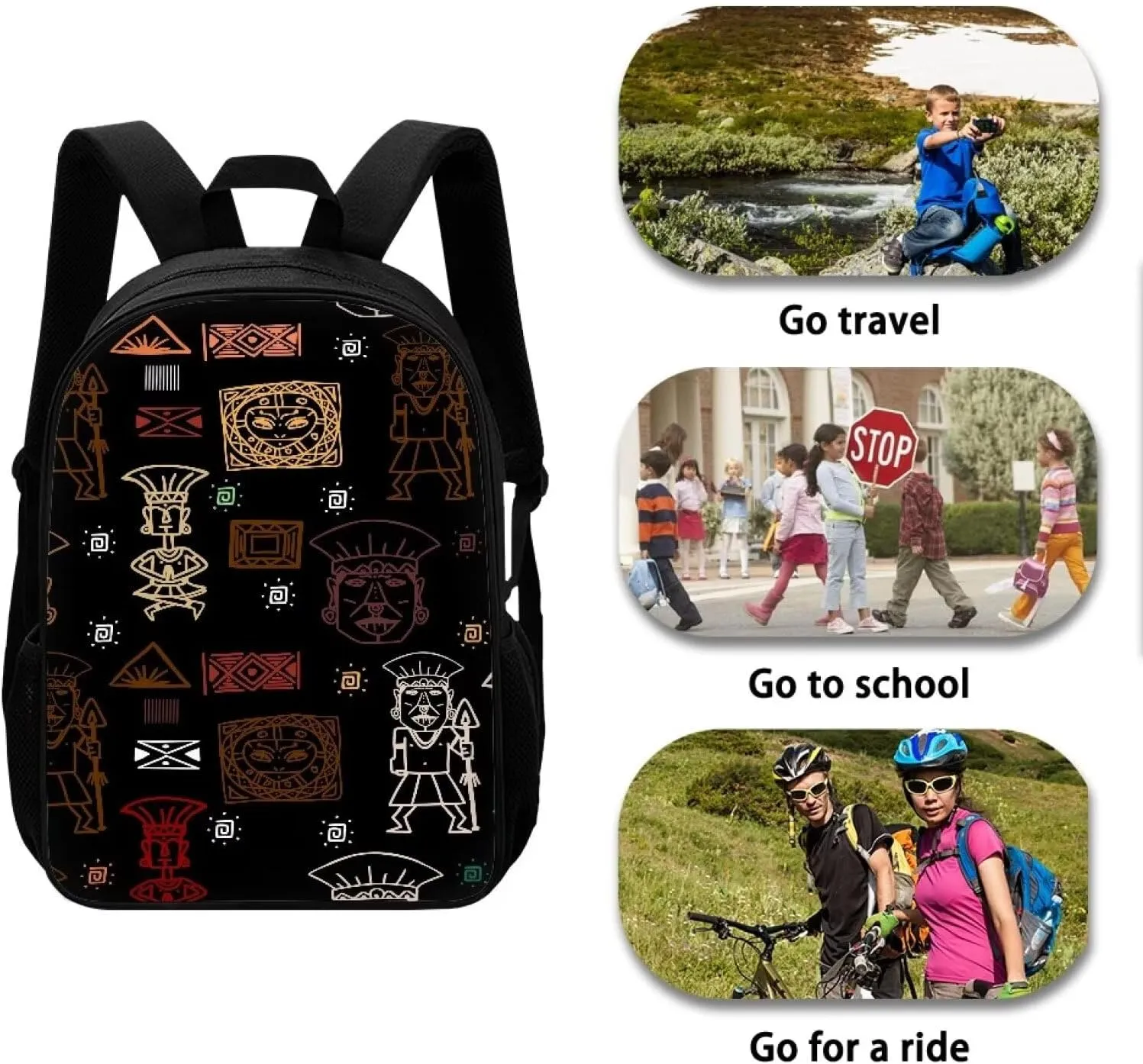 Tribal Civilization Kids Backpack for School Shoulder Bags for Boys Girls Book Bag 17 inch Children's School Bag with Two Side Pockets Black