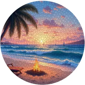 Tropical Beach with Campfire and Palm Trees 1000 Piece Adult Jigsaw Puzzle Challenge Puzzle Suitable for Game Night Completed Size 26.57X26.57Inches
