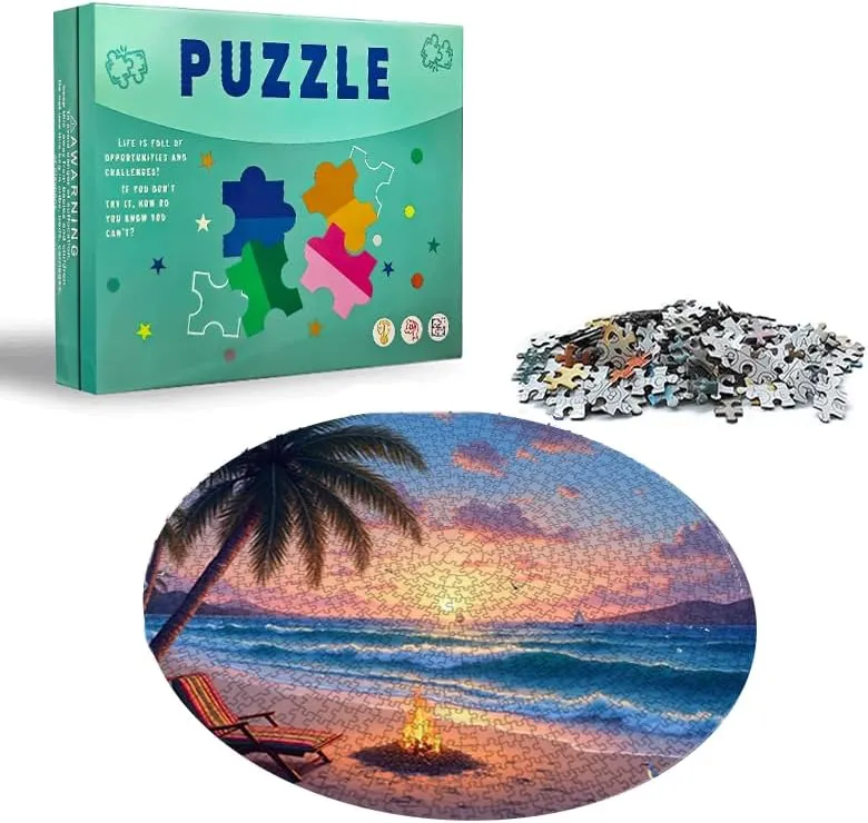 Tropical Beach with Campfire and Palm Trees 1000 Piece Adult Jigsaw Puzzle Challenge Puzzle Suitable for Game Night Completed Size 26.57X26.57Inches