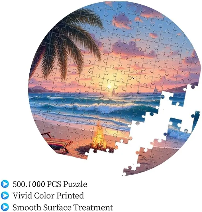 Tropical Beach with Campfire and Palm Trees 1000 Piece Adult Jigsaw Puzzle Challenge Puzzle Suitable for Game Night Completed Size 26.57X26.57Inches