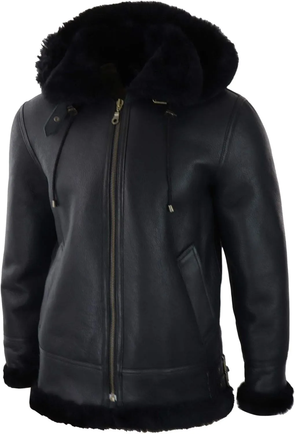 TruClothing Mens Real Leather Sherling Sheepskin Hood Jacket Vintage Aviator Flying Pilot