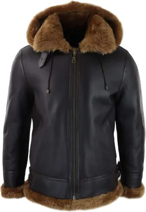 TruClothing Mens Real Leather Sherling Sheepskin Hood Jacket Vintage Aviator Flying Pilot