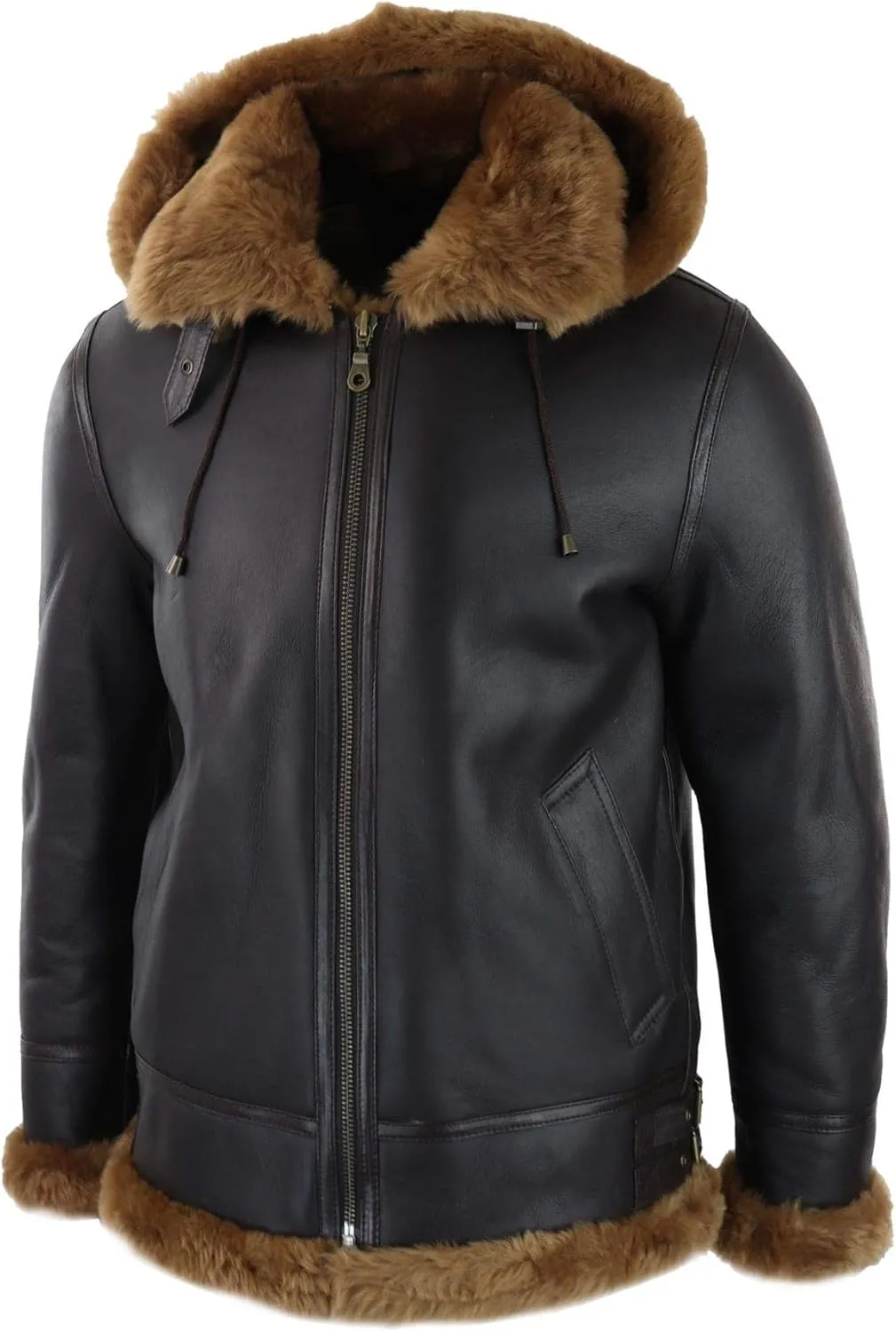 TruClothing Mens Real Leather Sherling Sheepskin Hood Jacket Vintage Aviator Flying Pilot