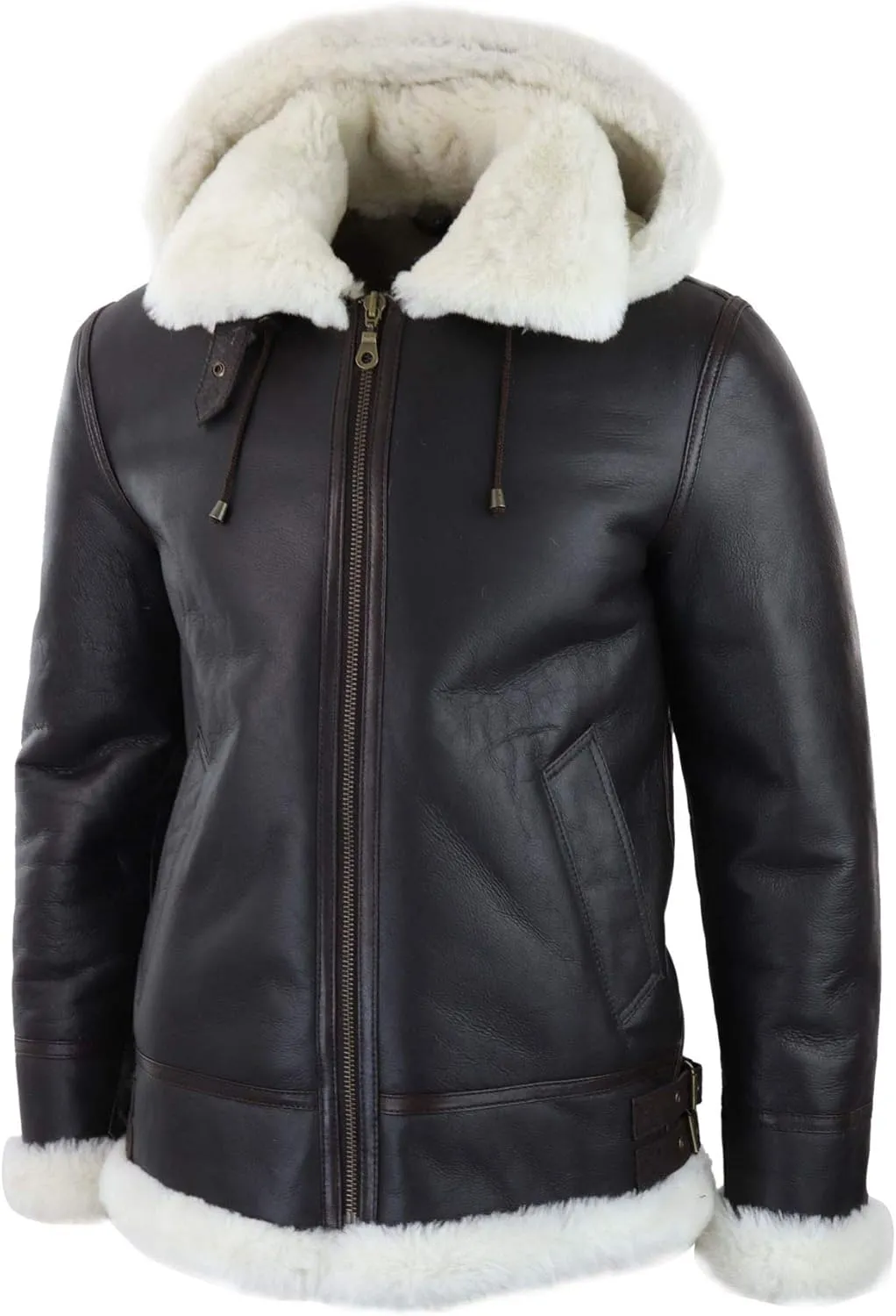 TruClothing Mens Real Leather Sherling Sheepskin Hood Jacket Vintage Aviator Flying Pilot