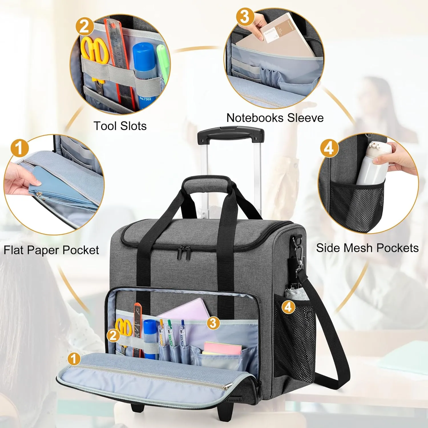 Trunab Rolling Teacher Bag, Teacher Tote Bag with Bottom Pad and Detachable Trolley, Wheeled Teacher Bag with Padded Sleeves Holds up to 15.6” Laptop