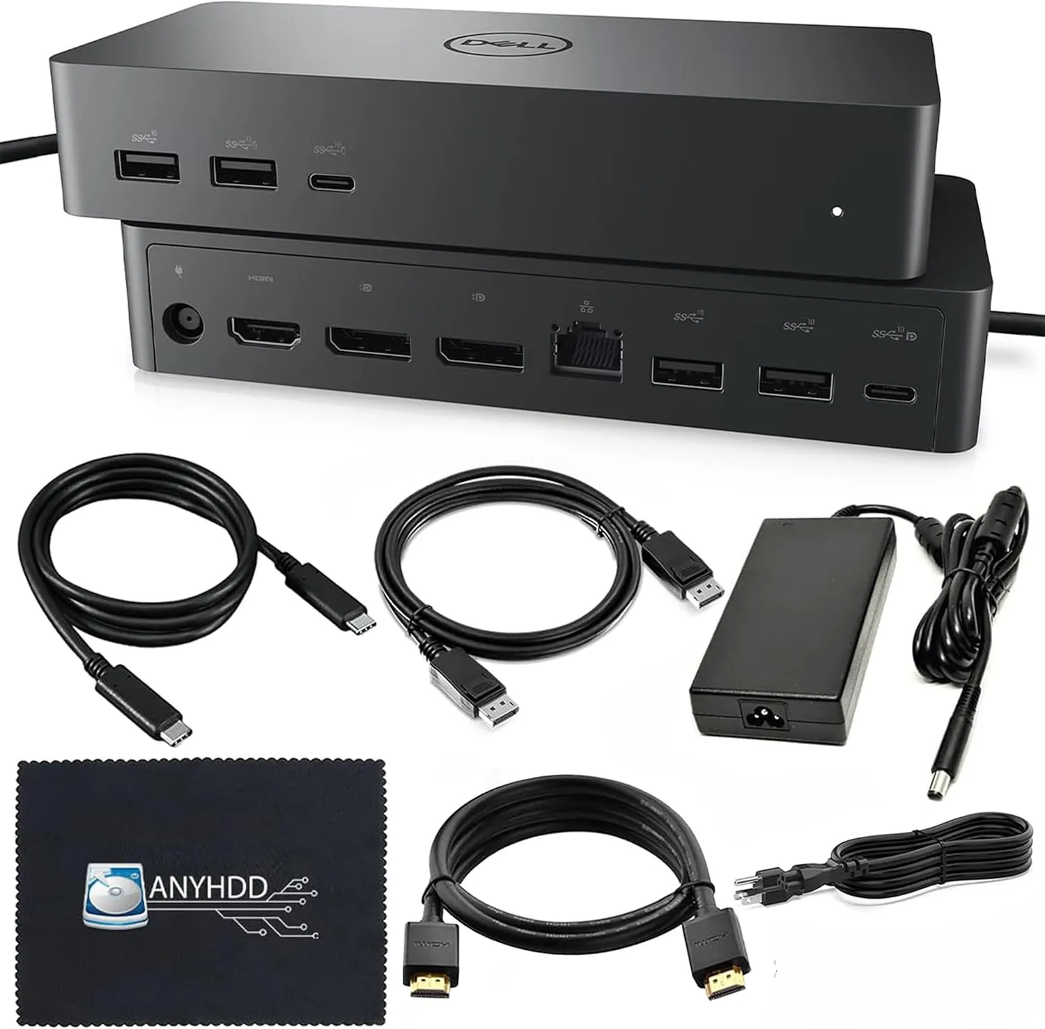 UD22 Dell Docking Station Dual Monitor Bundle - USB-C/USB-A Universal Dell Dock Station for Laptop with 130W AC Adapter   HDMI Cable   DisplayPort Cable   USB-C Cable   Microfiber Cloth