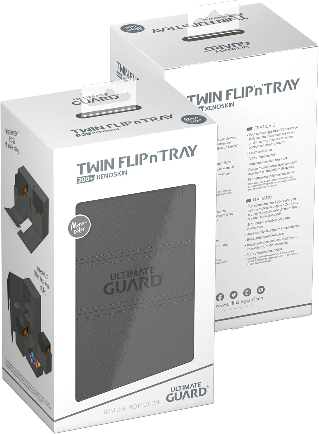 Ultimate Guard Twin Flip'n'Tray 200 , Deck Case for 200 Double-Sleeved TCG Cards   Dice Tray, Grey, Independent Magnetic Closure & Microfiber Inner Lining
