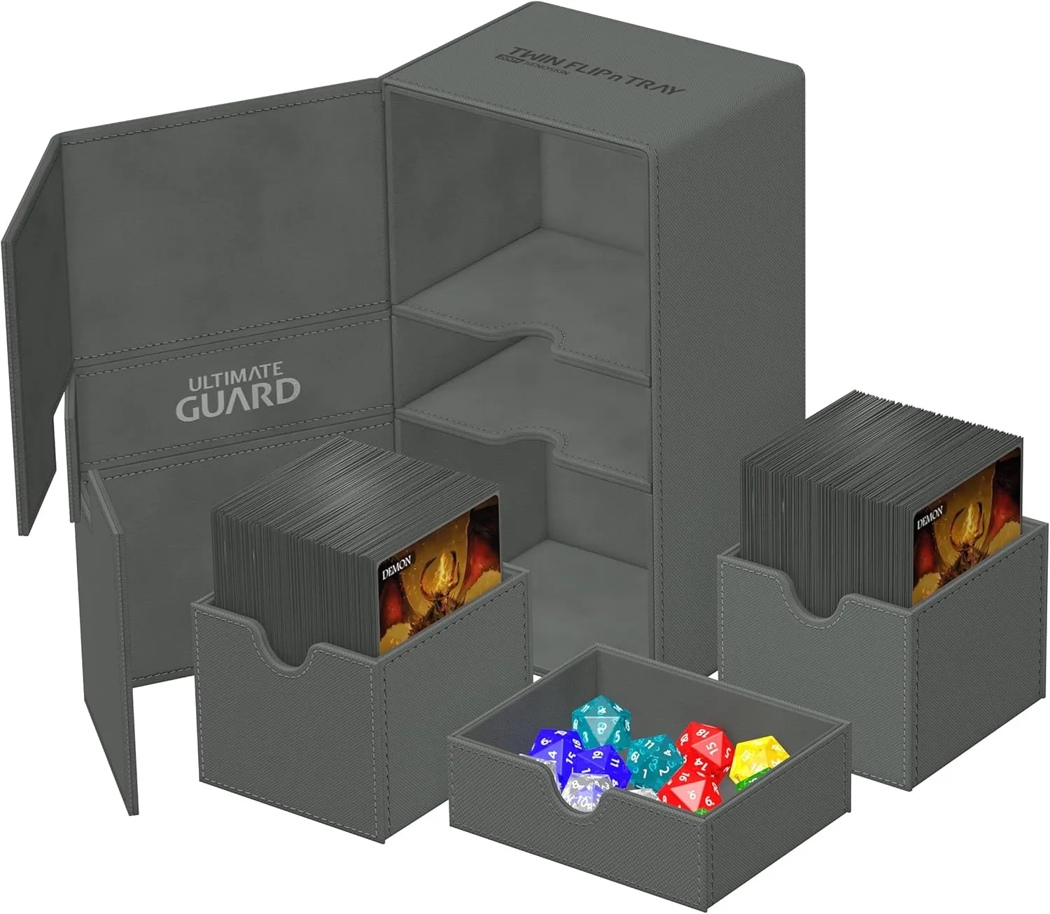 Ultimate Guard Twin Flip'n'Tray 200 , Deck Case for 200 Double-Sleeved TCG Cards   Dice Tray, Grey, Independent Magnetic Closure & Microfiber Inner Lining