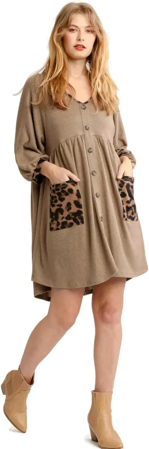 Umgee Babydoll Dress with Animal Print Pockets