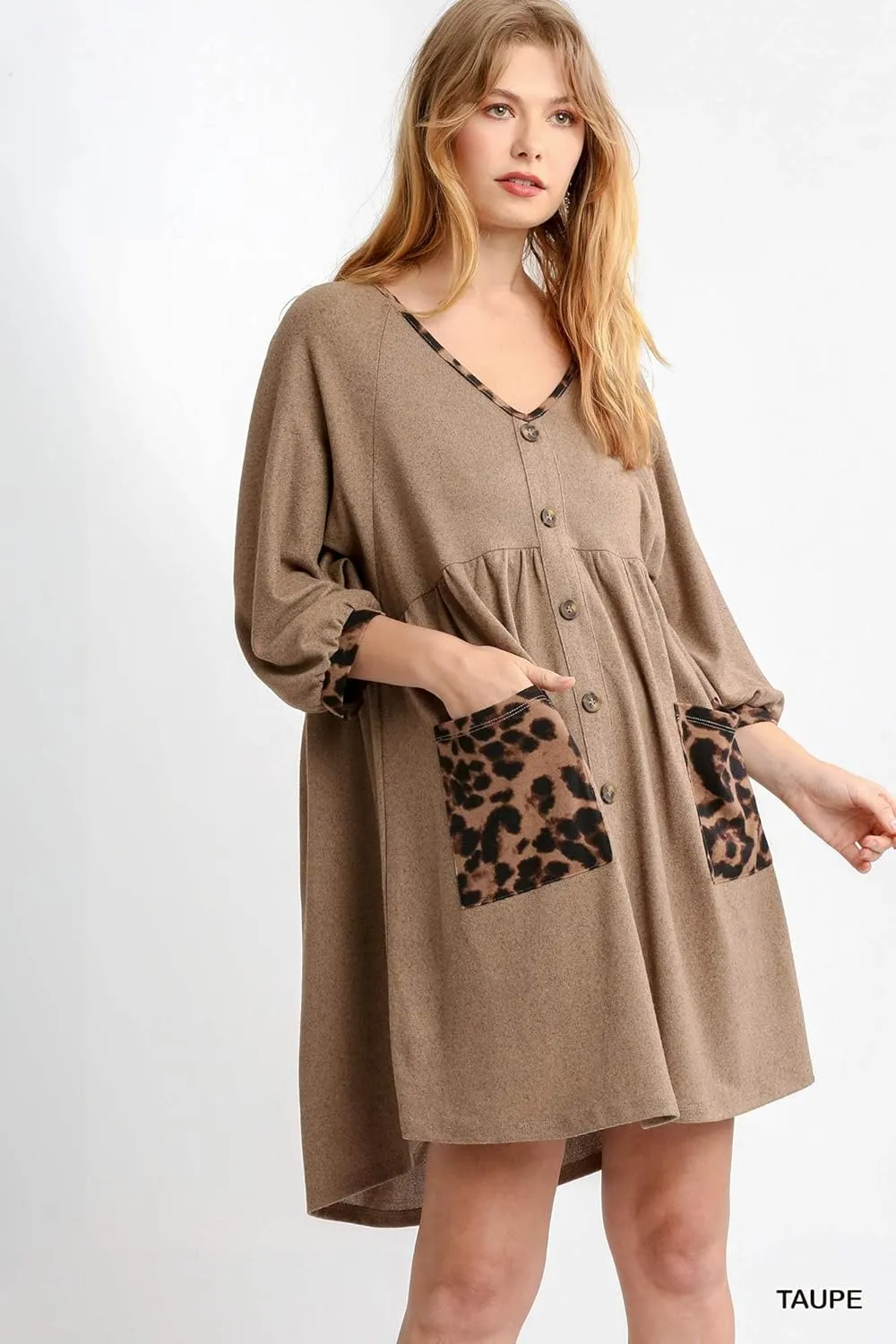 Umgee Babydoll Dress with Animal Print Pockets