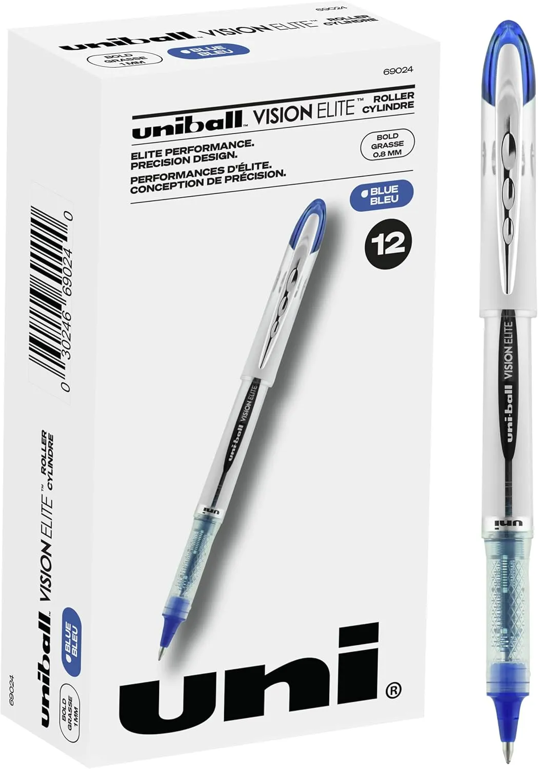 Uniball Vision Elite Rollerball Pens - Bold & Micro Pens, Blue & Black Ink, Pack of 12