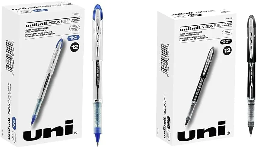 Uniball Vision Elite Rollerball Pens - Bold & Micro Pens, Blue & Black Ink, Pack of 12