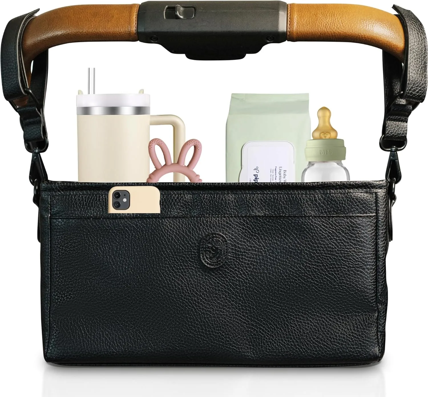 Universal Stroller Organizer with Cup Holder - Vegan Leather Stroller Caddy, 4 Built-In Pockets, Shoulder Strap, Fits Mockingbird, UppaBaby, Nuna, BOB and More