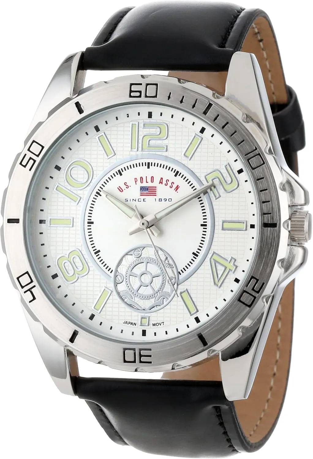 U.S. Polo Assn. Men's Analog Watch – White Textured Dial with Black PU Leather Strap and Luminous Hour Markers – Sleek, Durable, and Adjustable Fit for Wrists 5.5" to 8"