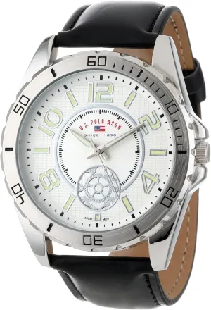 U.S. Polo Assn. Men's Analog Watch – White Textured Dial with Black PU Leather Strap and Luminous Hour Markers – Sleek, Durable, and Adjustable Fit for Wrists 5.5" to 8"