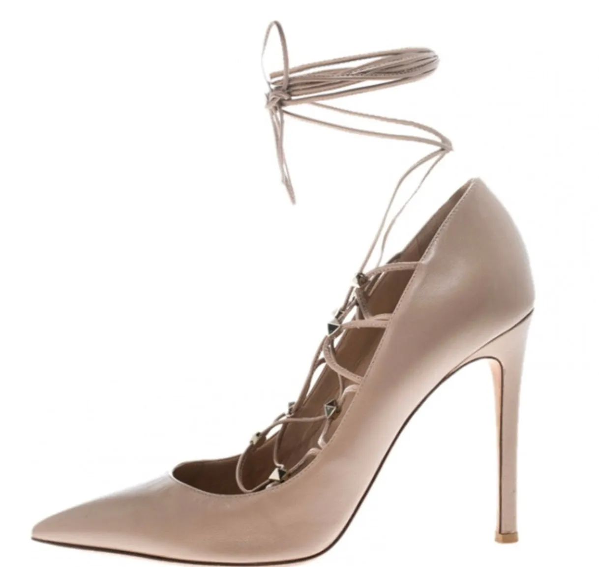 Valentino - 
Valentino Beige Leather Rockstud Lace Up Heels
