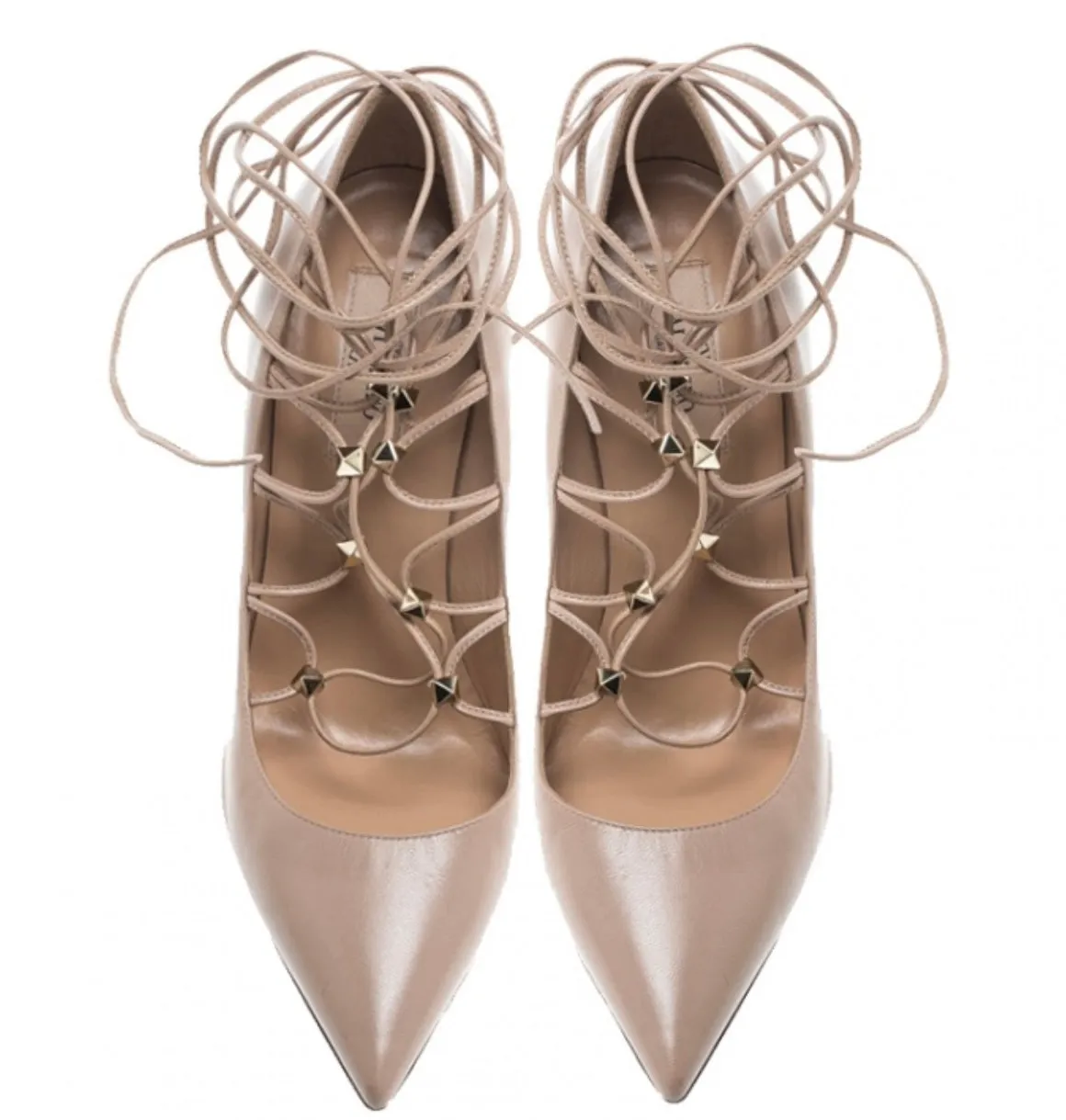 Valentino - 
Valentino Beige Leather Rockstud Lace Up Heels