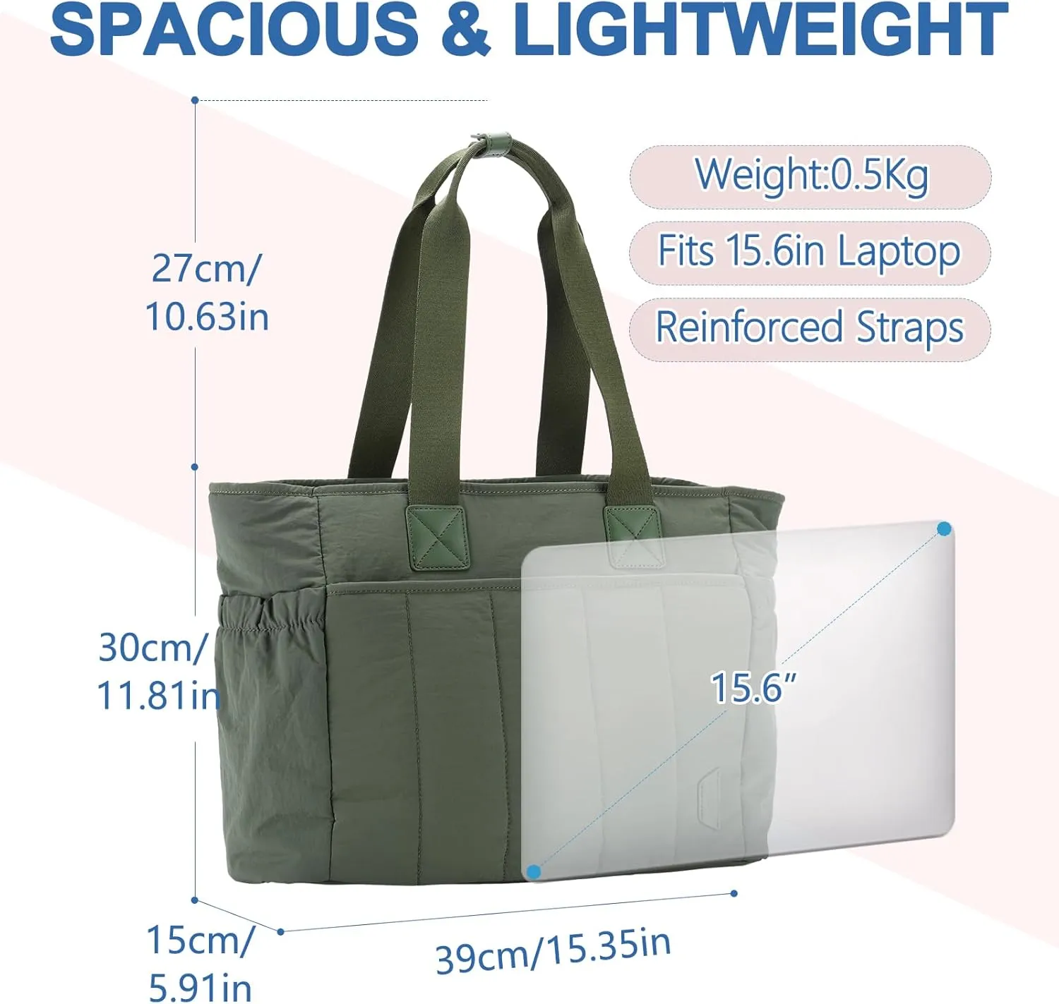 VASCHY Puffer Tote Bag for Women, Lightweight Quilted Tote Purse with Laptop Compartments Zipper for Work/Teacher/Travel/Gym Sage Green